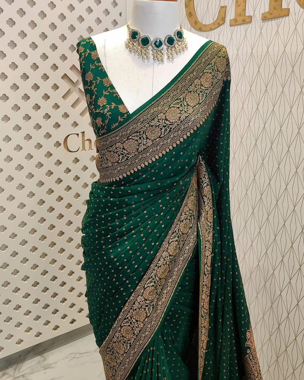 Bottle Green Pure Khaddi Crep Silk Banarasi Saree