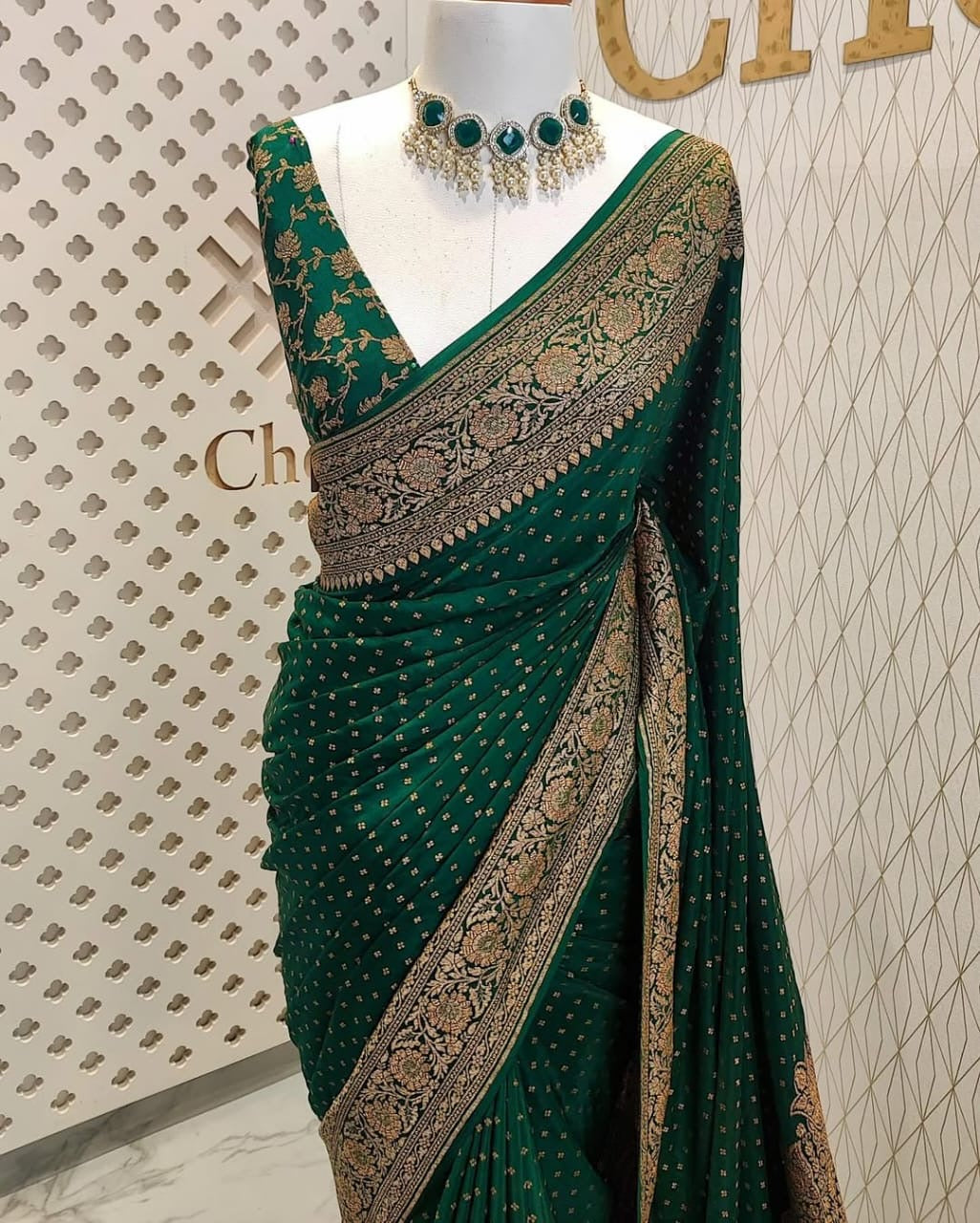 Bottle Green Pure Khaddi Crep Silk Banarasi Saree