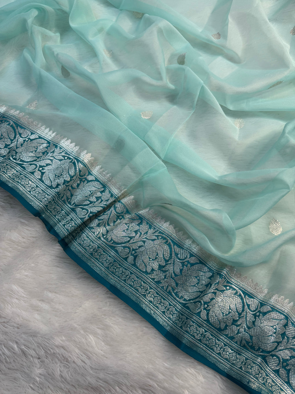 Light Sea Green & Dark Sea Green Pure khaddi Chiffon Silk Banarasi Saree