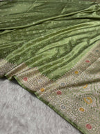 Pista Tanchui Meenakri Mashru Katan Silk Banarasi Saree