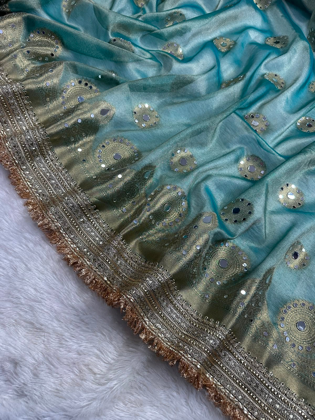 Light Sea Green Tissue Silk Saree With Mirror Work & Designer Lace Border
