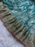 Light Sea Green Tissue Silk Saree With Mirror Work & Designer Lace Border