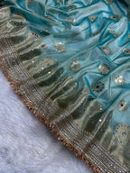 Light Sea Green Tissue Silk Saree With Mirror Work & Designer Lace Border