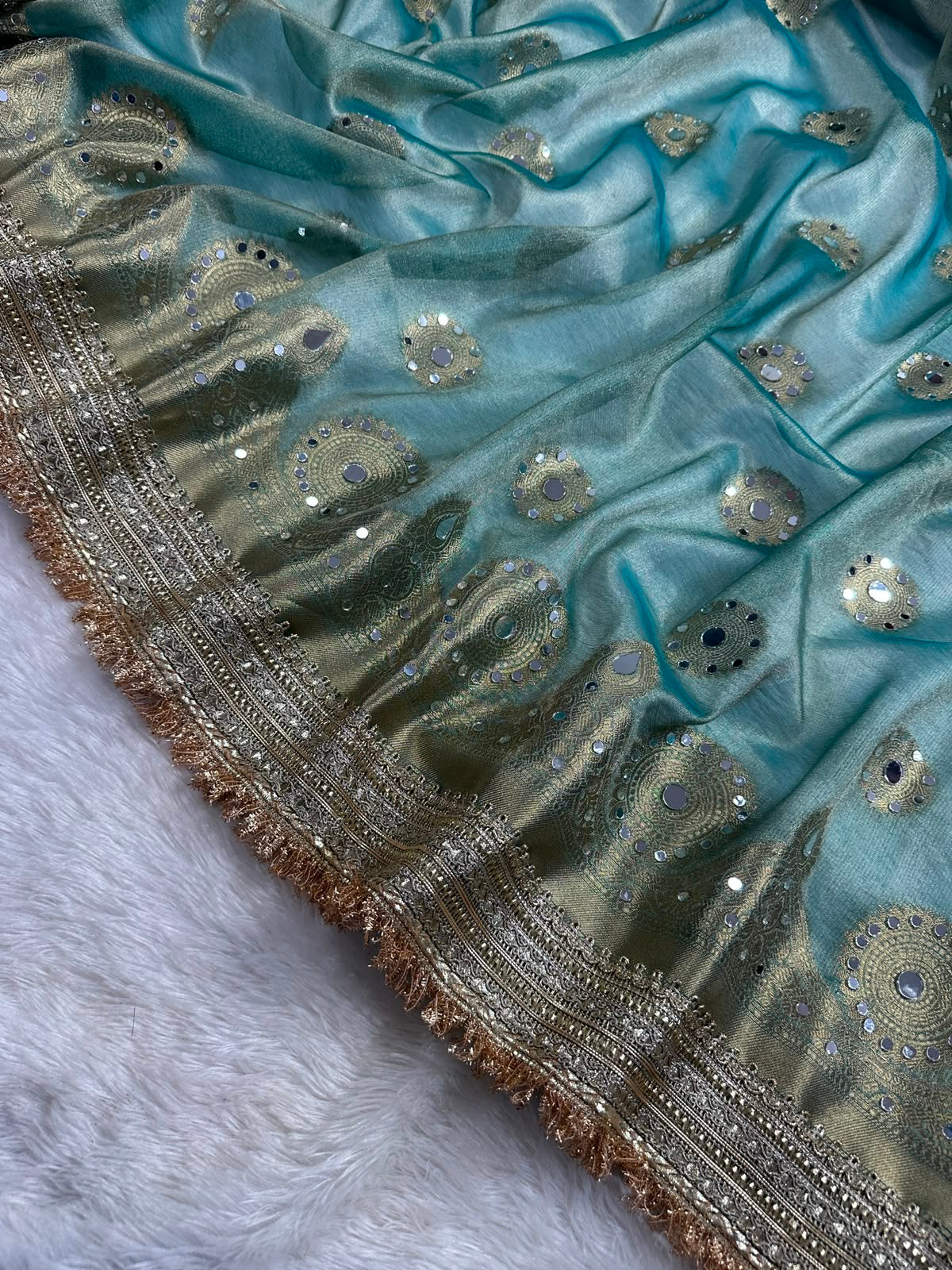 Light Sea Green Tissue Silk Saree With Mirror Work & Designer Lace Border