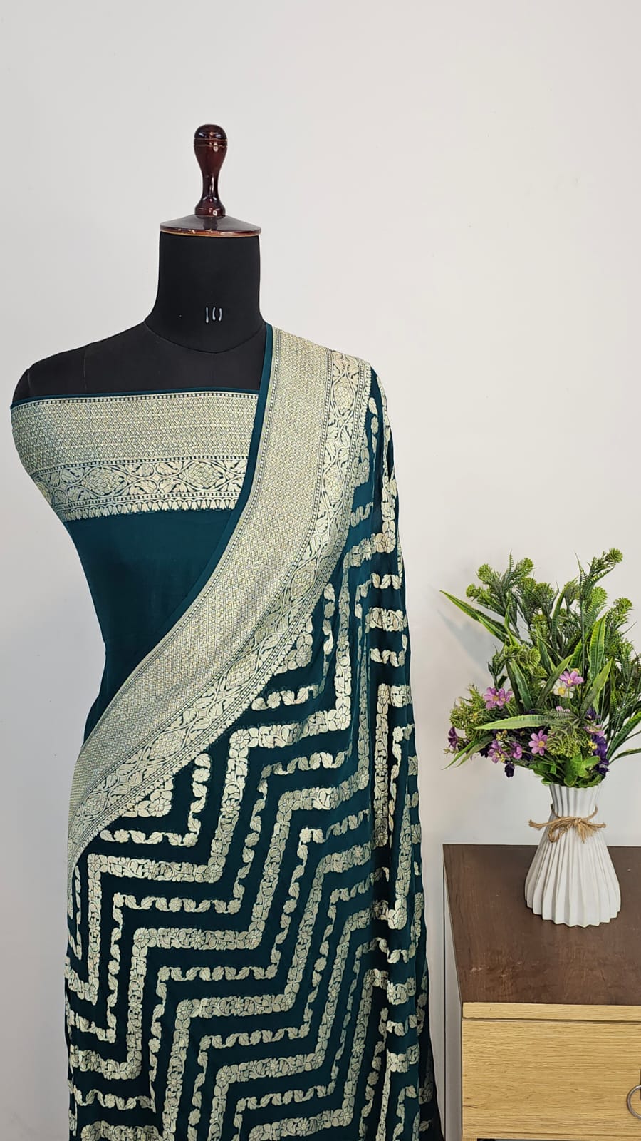 Deep Teal Green Pure Khaddi Georgette Silk Banarasi Saree