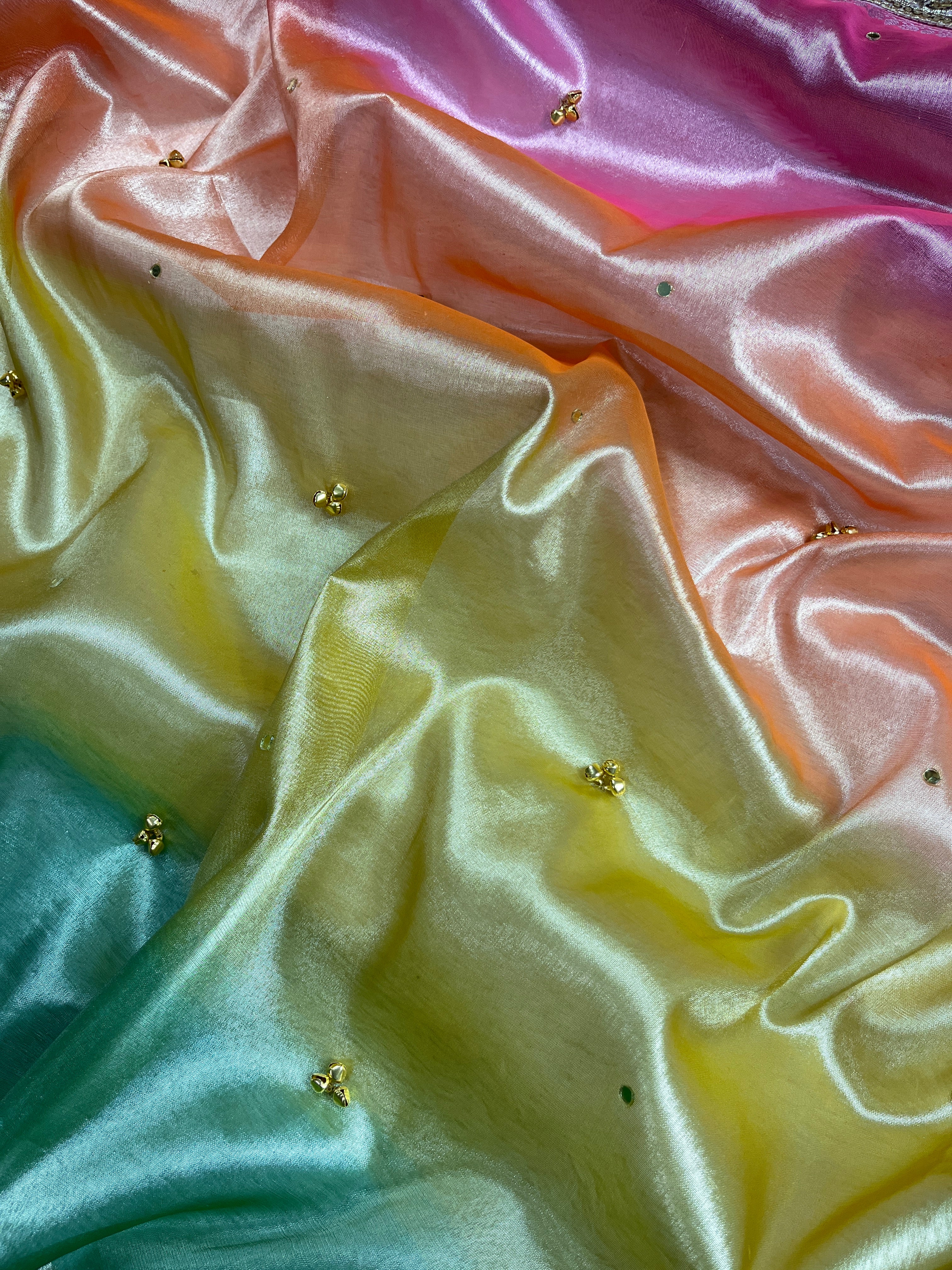 Dual Shade Peach & Mint Banarasi Tissue Silk Saree With Golden Ghunghroo Butti, Mirror Work & Luxury Lace