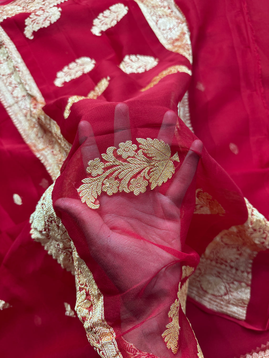Red Pure Khaddi Chiffon Silk Banarasi Saree