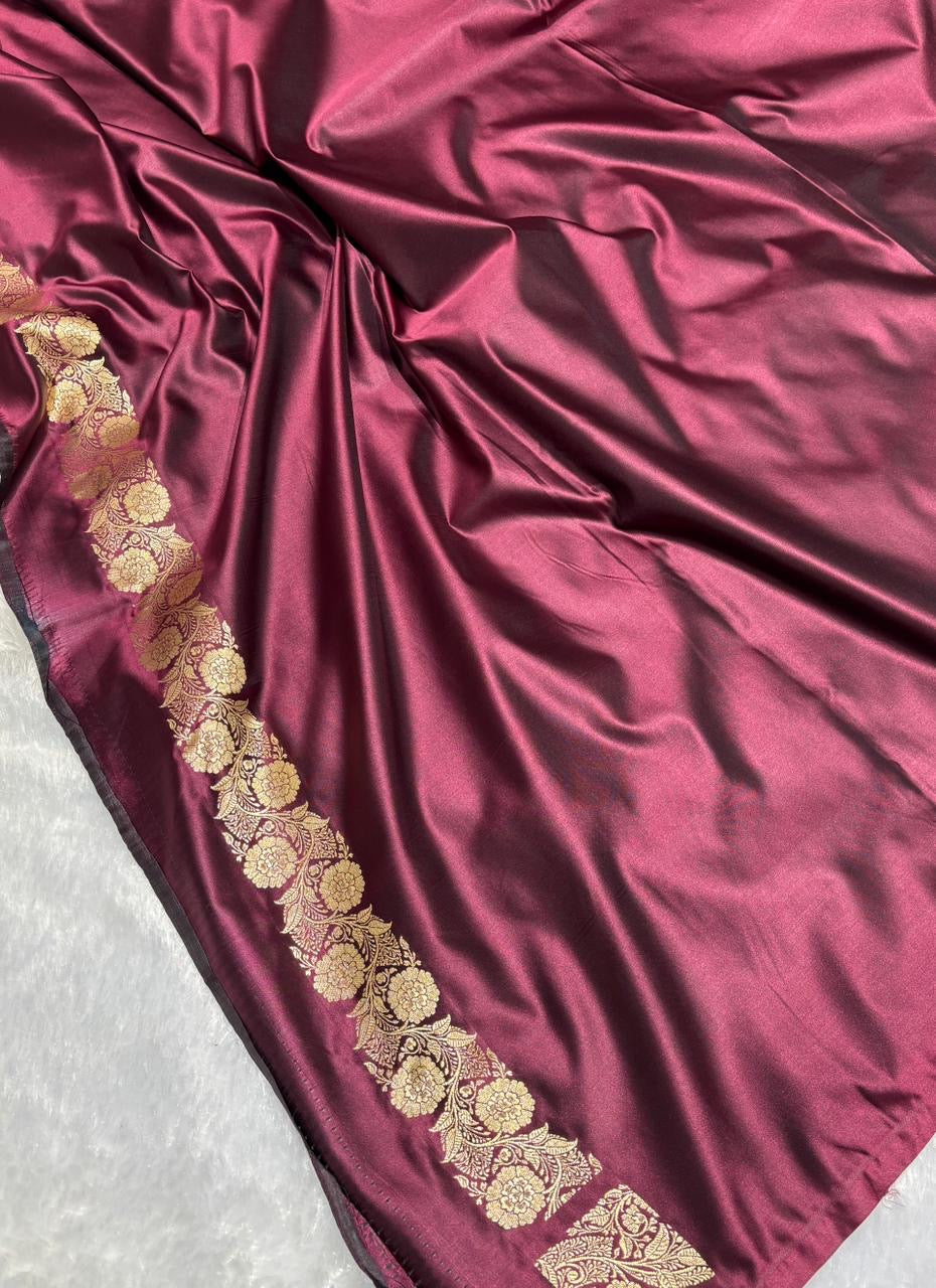 Wine Maroon Mashru Katan Silk Banarasi Saree
