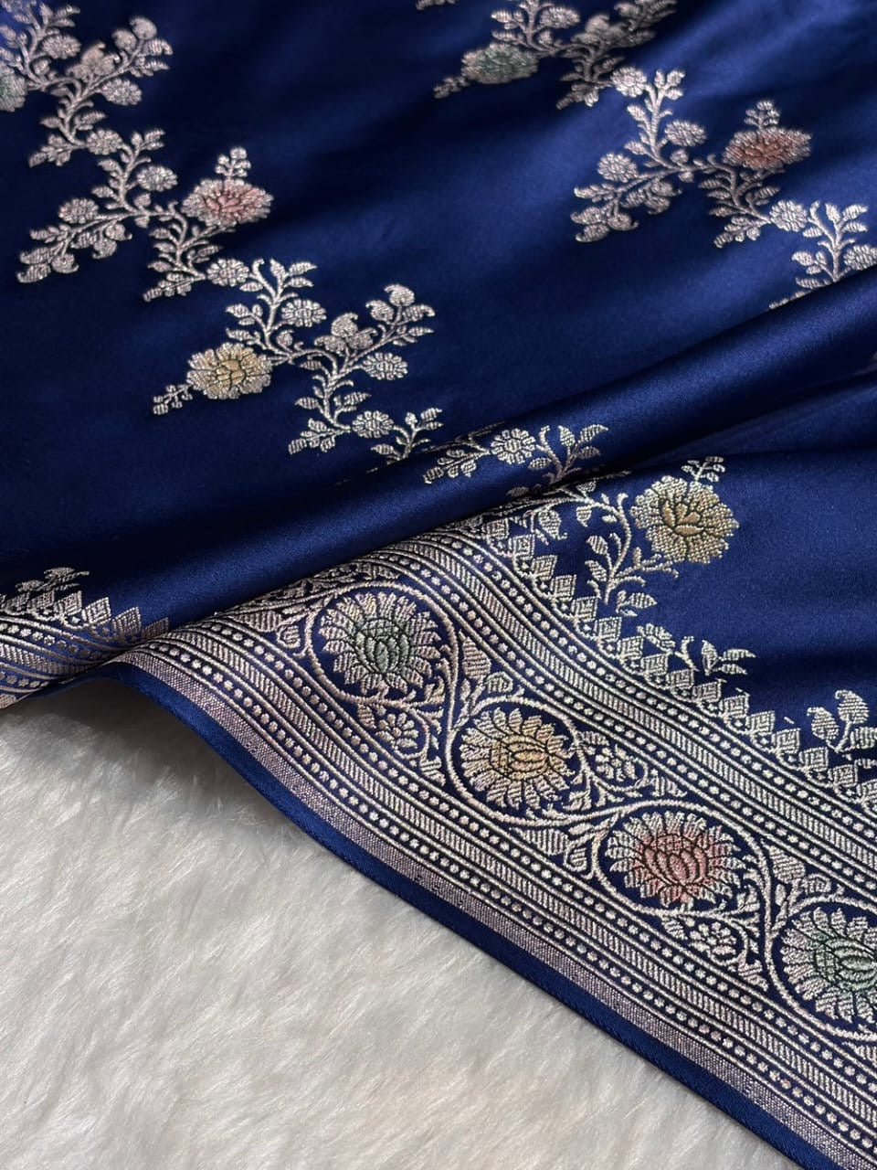 Navy Blue Meenakari Mashru Katan Silk Banarasi Saree