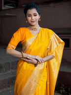 Yellow Gold Swarovski Intricate Stone Work Banarasi Mashru Silk Saree