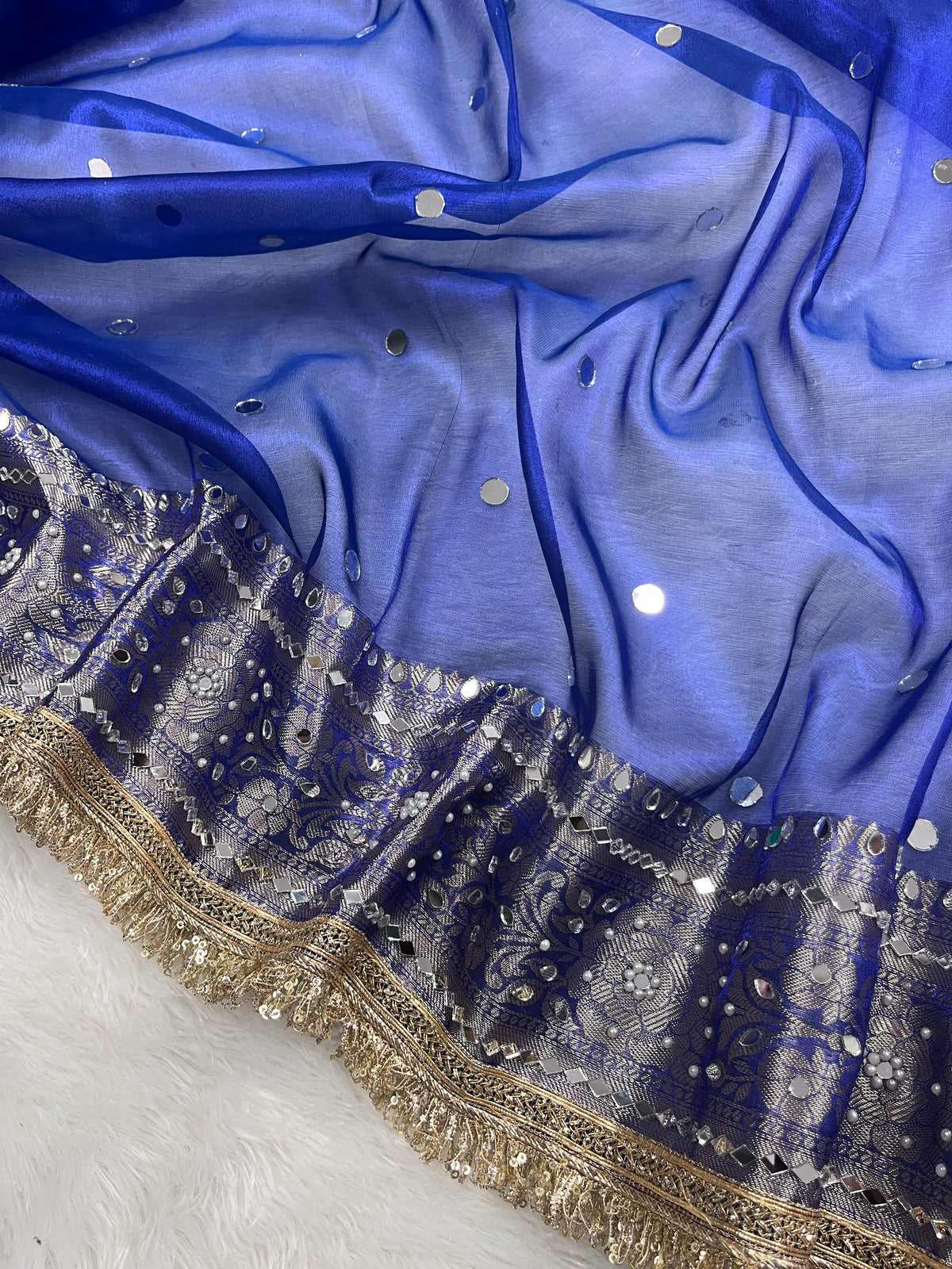 Royal Blue Mirror Work Beautiful lace Border Tissue Silk Banarasi Saree