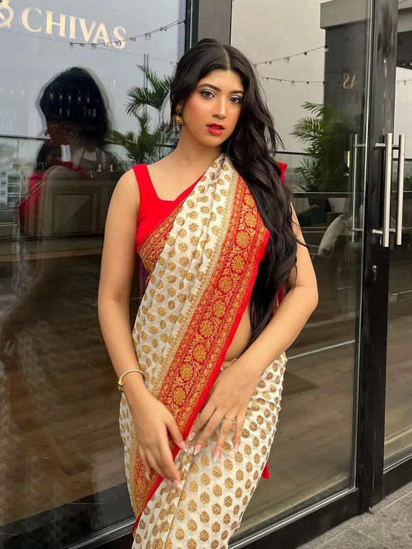 Off- White & Red Pure Khaddi Georgette Silk Banarasi Saree