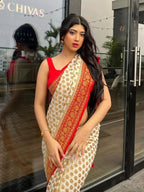Off- White & Red Pure Khaddi Georgette Silk Banarasi Saree