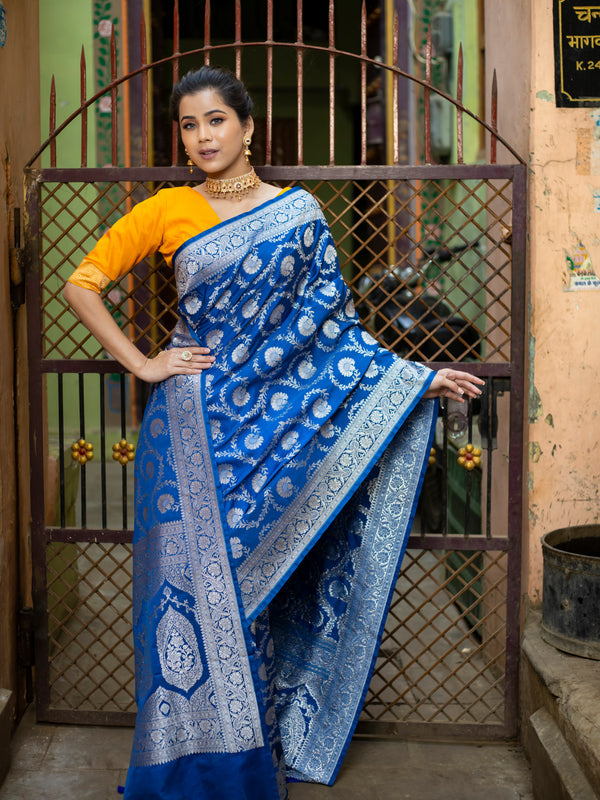 German Blue Mashru Kataan Silk Banarasi Saree