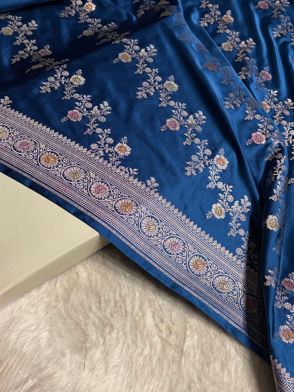 Deep Teal Blue Meenakari Mashru Katan Silk Banarasi Saree