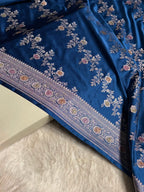 Deep Teal Blue Meenakari Mashru Katan Silk Banarasi Saree