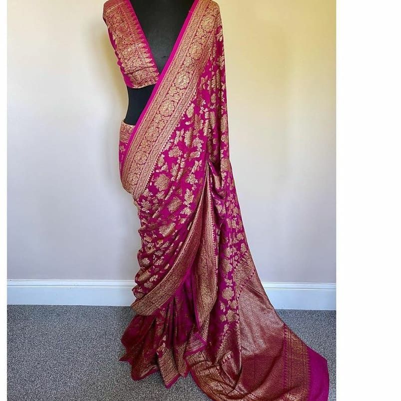 Rani Pink Pure Khaddi Georgette Silk Banarasi Saree