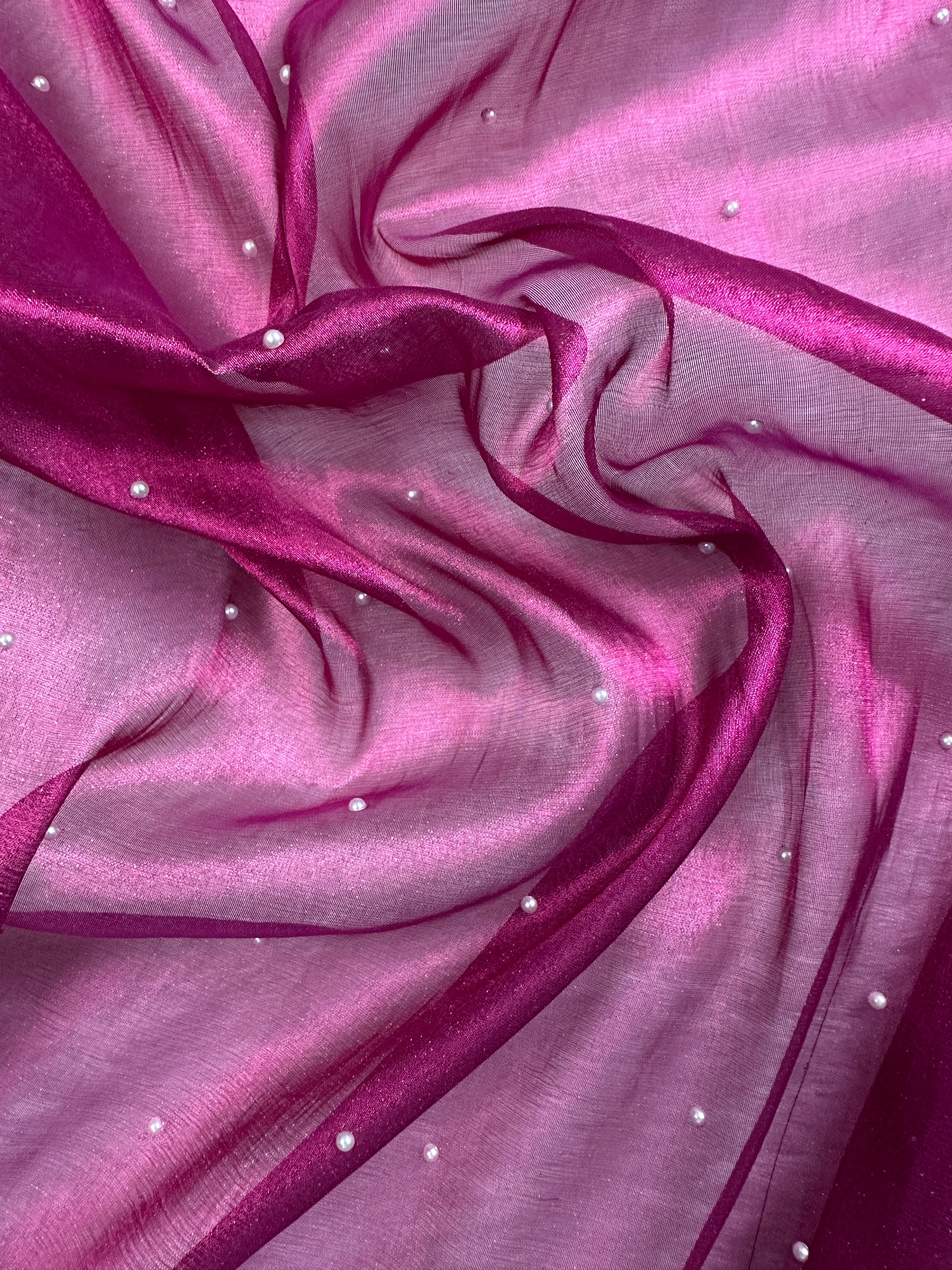 Wine Magenta Tissue Silk Saree With Mirror Work & Designer Lace Border