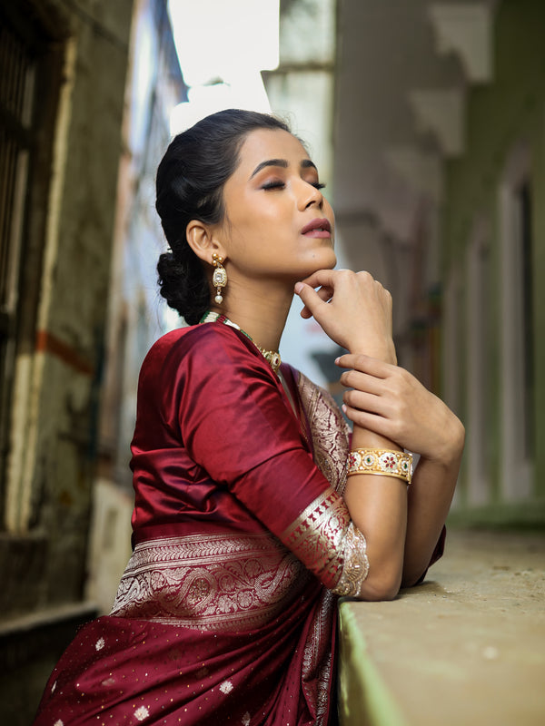 Garnet Wine Swarovski Intricate Stone Work Banarasi Mashru Silk Saree