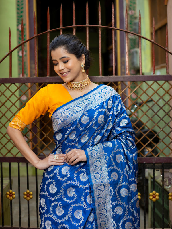 German Blue Mashru Kataan Silk Banarasi Saree