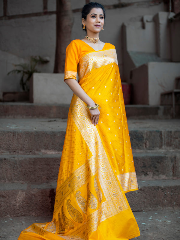 Yellow Gold Swarovski Intricate Stone Work Banarasi Mashru Silk Saree