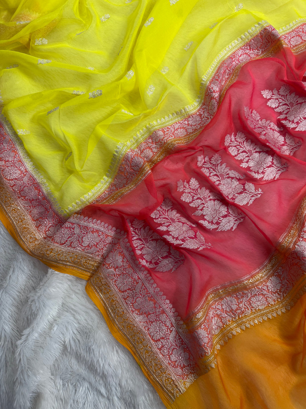 Lemon 3D Pure Khaddi Chiffon Silk Banarasi Saree