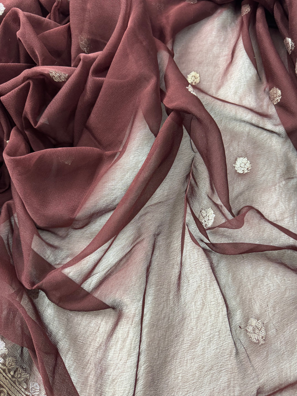 Dark Brown Pure Khaddi Chiffon Silk Banarasi Saree