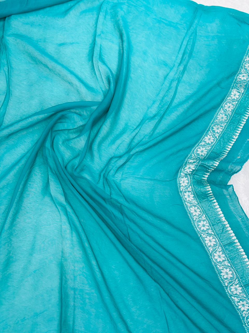 Teal Green Pure Tusser Georgette With Floral Meenakari Jall Banarasi Saree