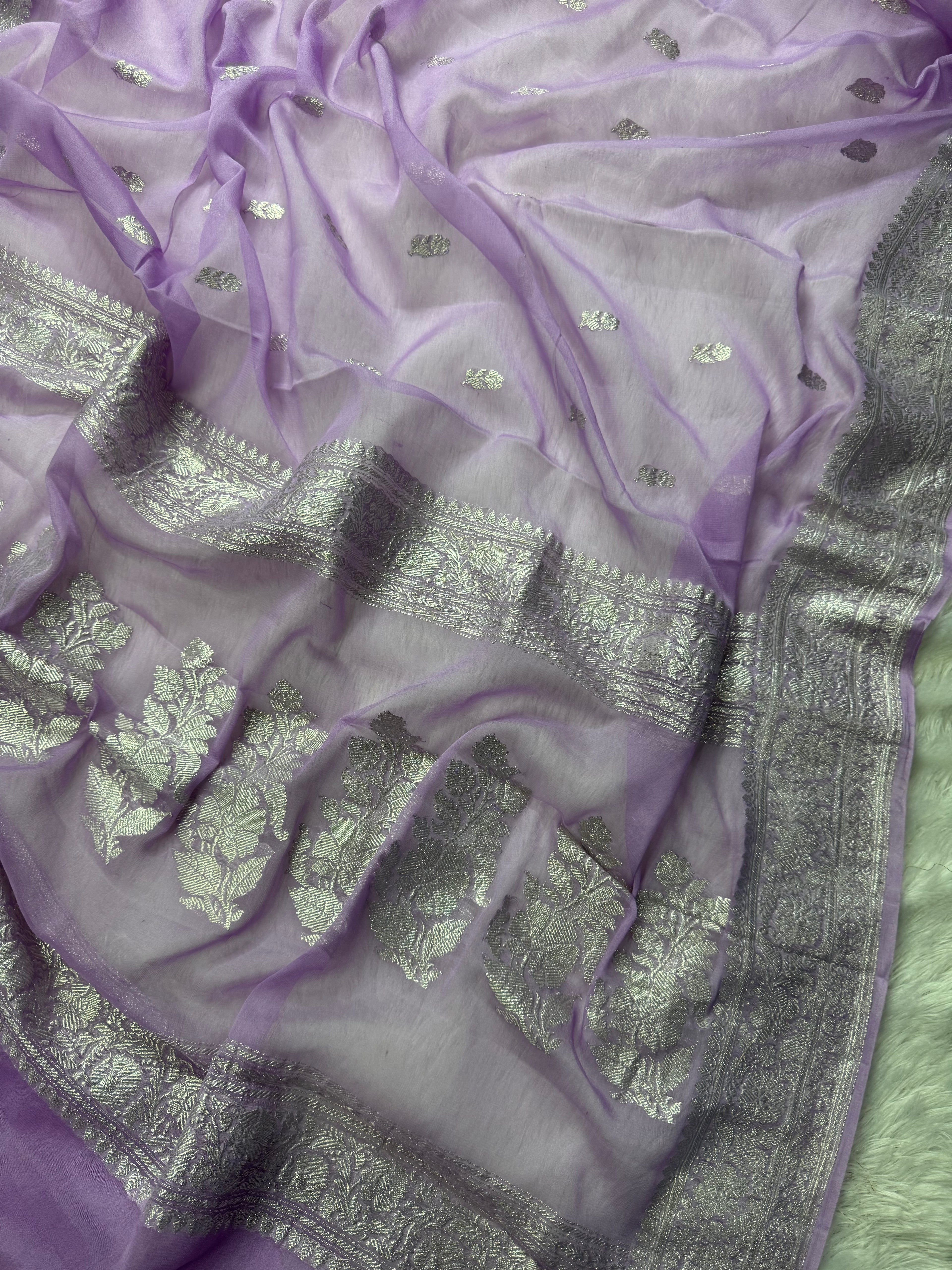 Light lavender Pure Khaddi Chiffon Silk Banarasi Saree