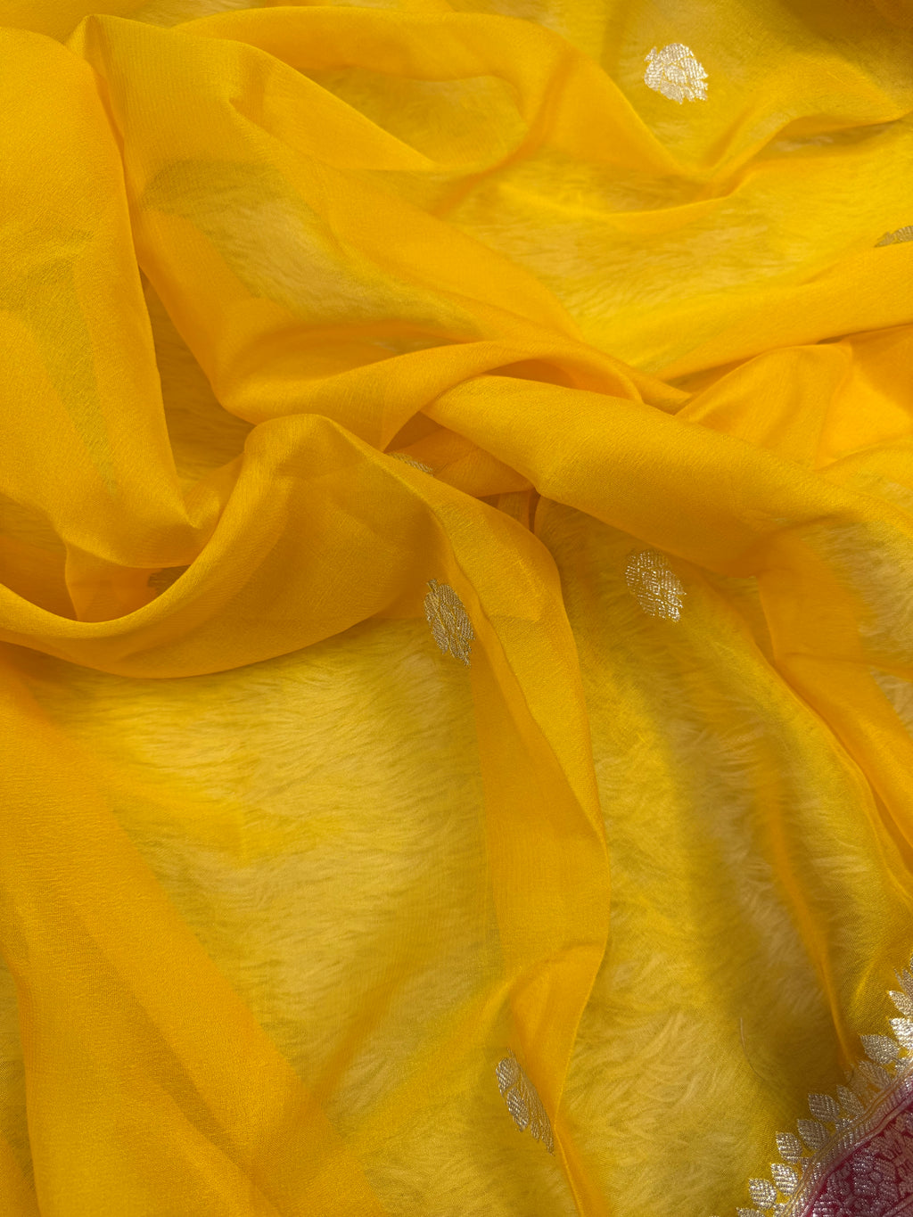 Yellow & Red Pure Khaddi Chiffon Silk Banarasi Saree