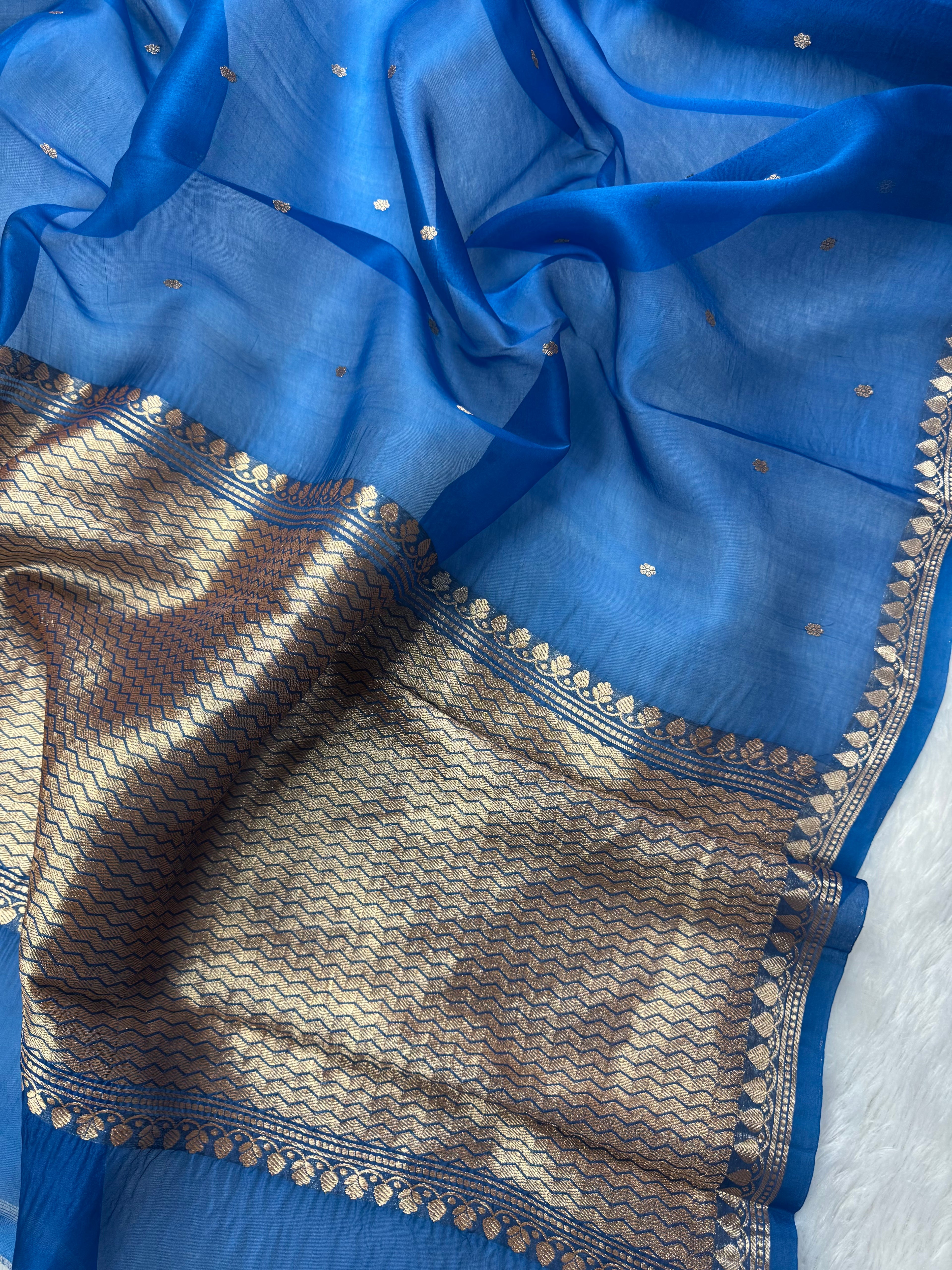 Sapphire Blue Pure Kora Organza Silk Banarasi Saree