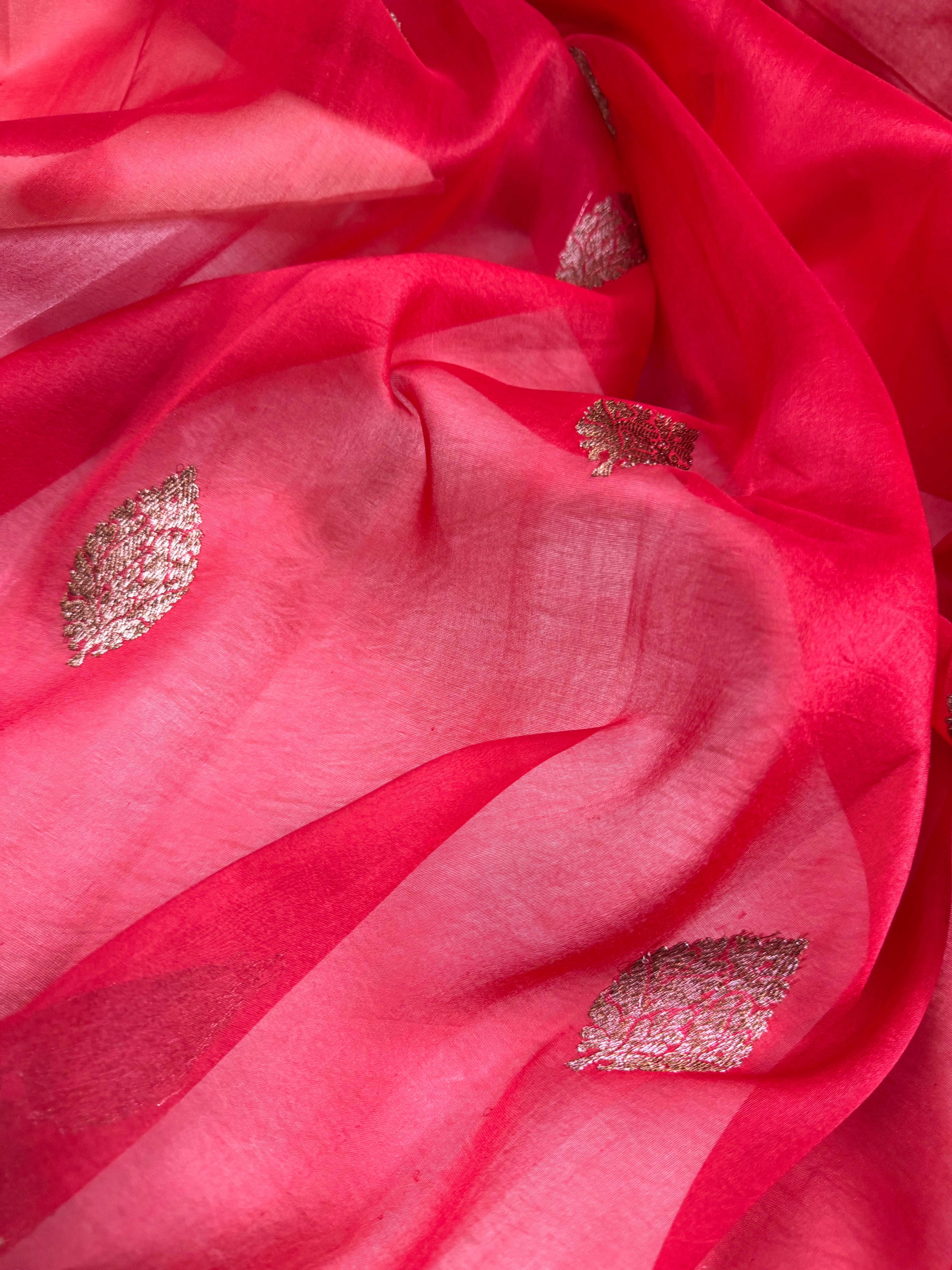 Red Pure Kora Organza Silk Banarasi Saree