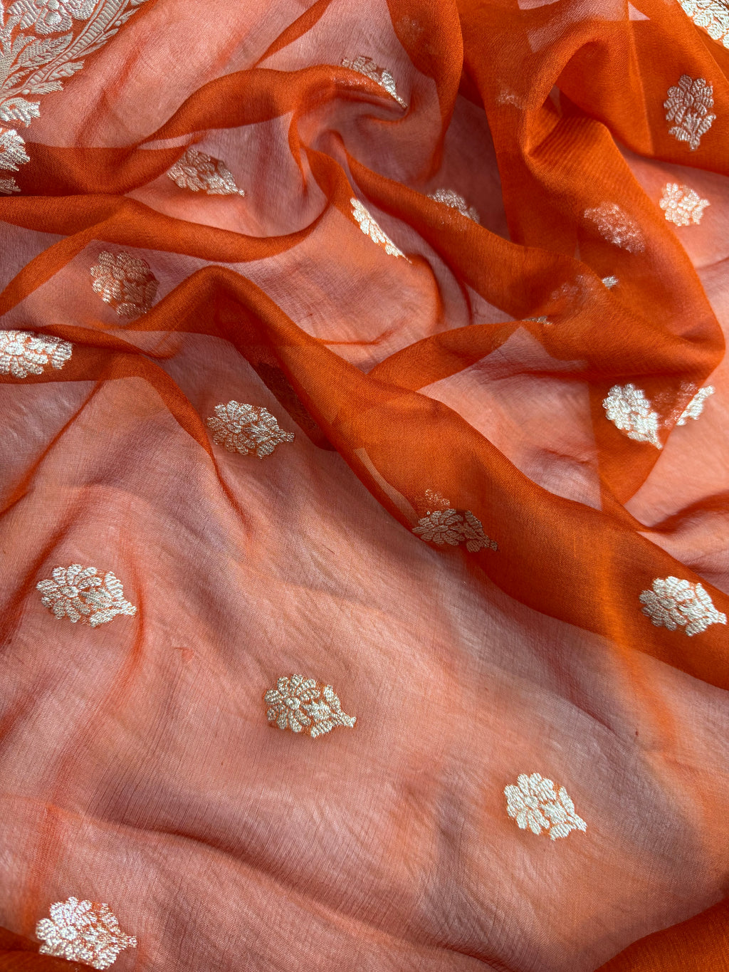 Rust Orange Pure Khaddi Chiffon Silk Banarasi Saree