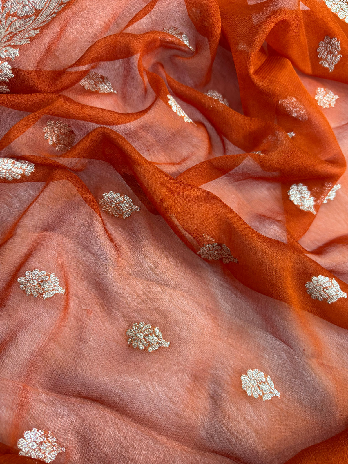 Rust Orange Pure Khaddi Chiffon Silk Banarasi Saree