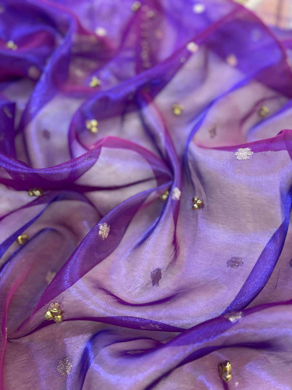Purple Tissue Silk Saree With Golden Ghungroo Butti Work & Luxury Lace Border