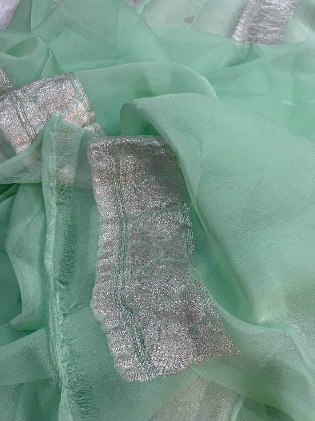 Pastel Sea Green Pure Khaddi Chiffon Silk Banarasi Saree