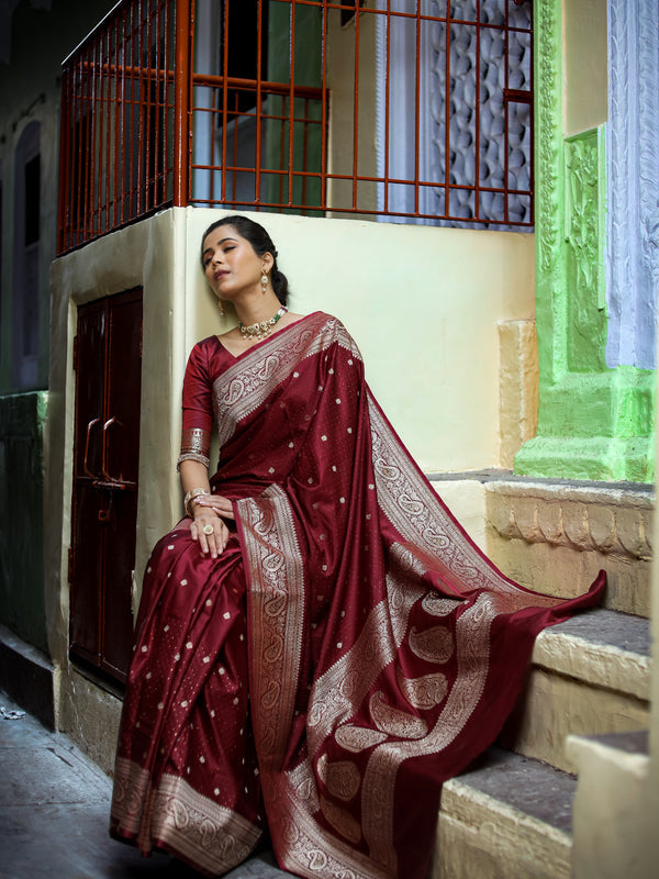 Garnet Wine Swarovski Intricate Stone Work Banarasi Mashru Silk Saree