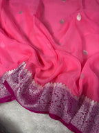 Pink & Hot Pink Pure Khaddi Chiffon Silk Banarasi Saree