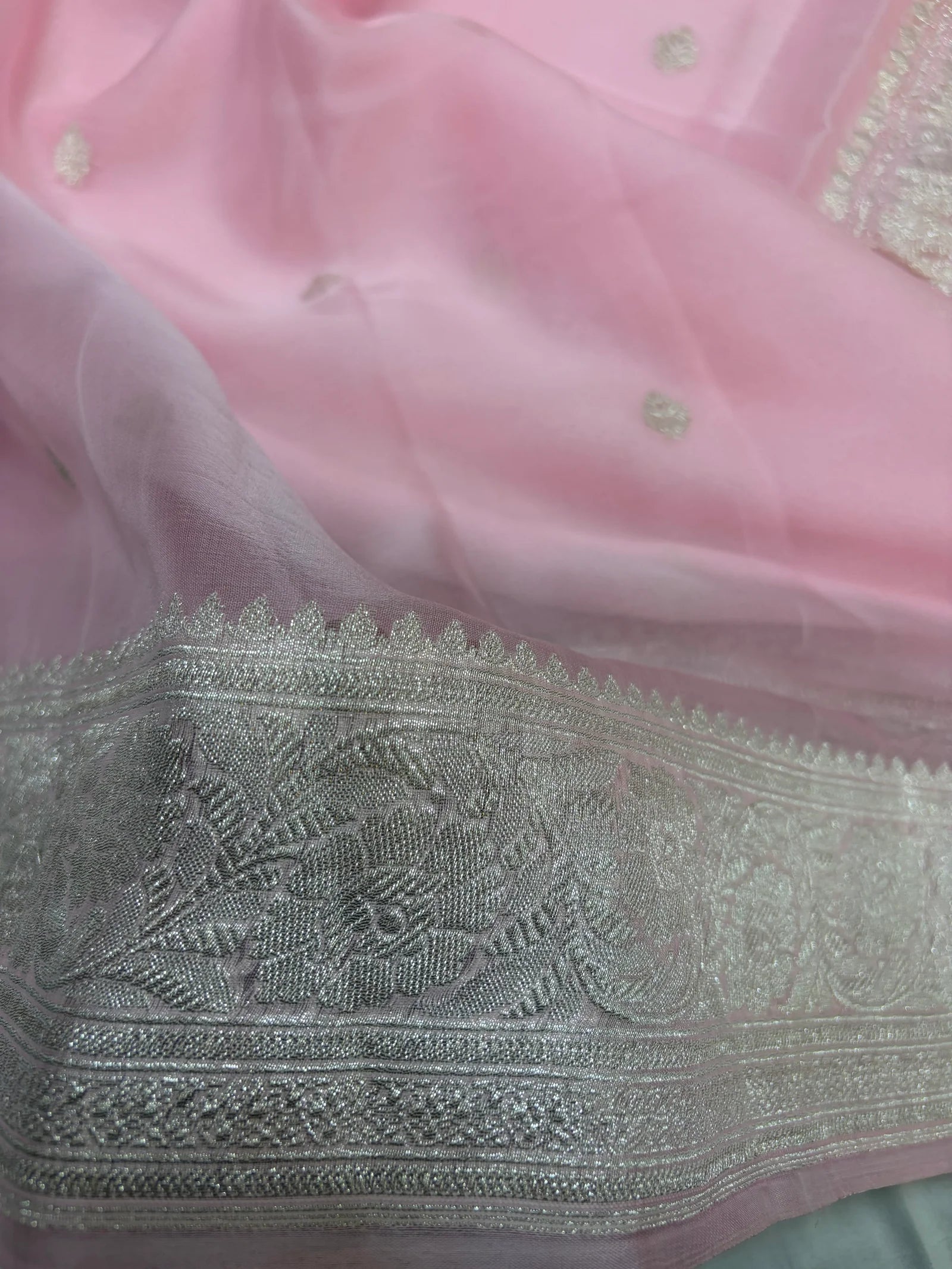 Baby Pink Pure Khaddi Chiffon Silk Banarasi Saree