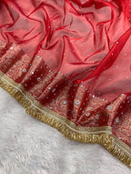 Red Tissue Silk Saree With Mirror & Pearl Work & Designer Lace Border