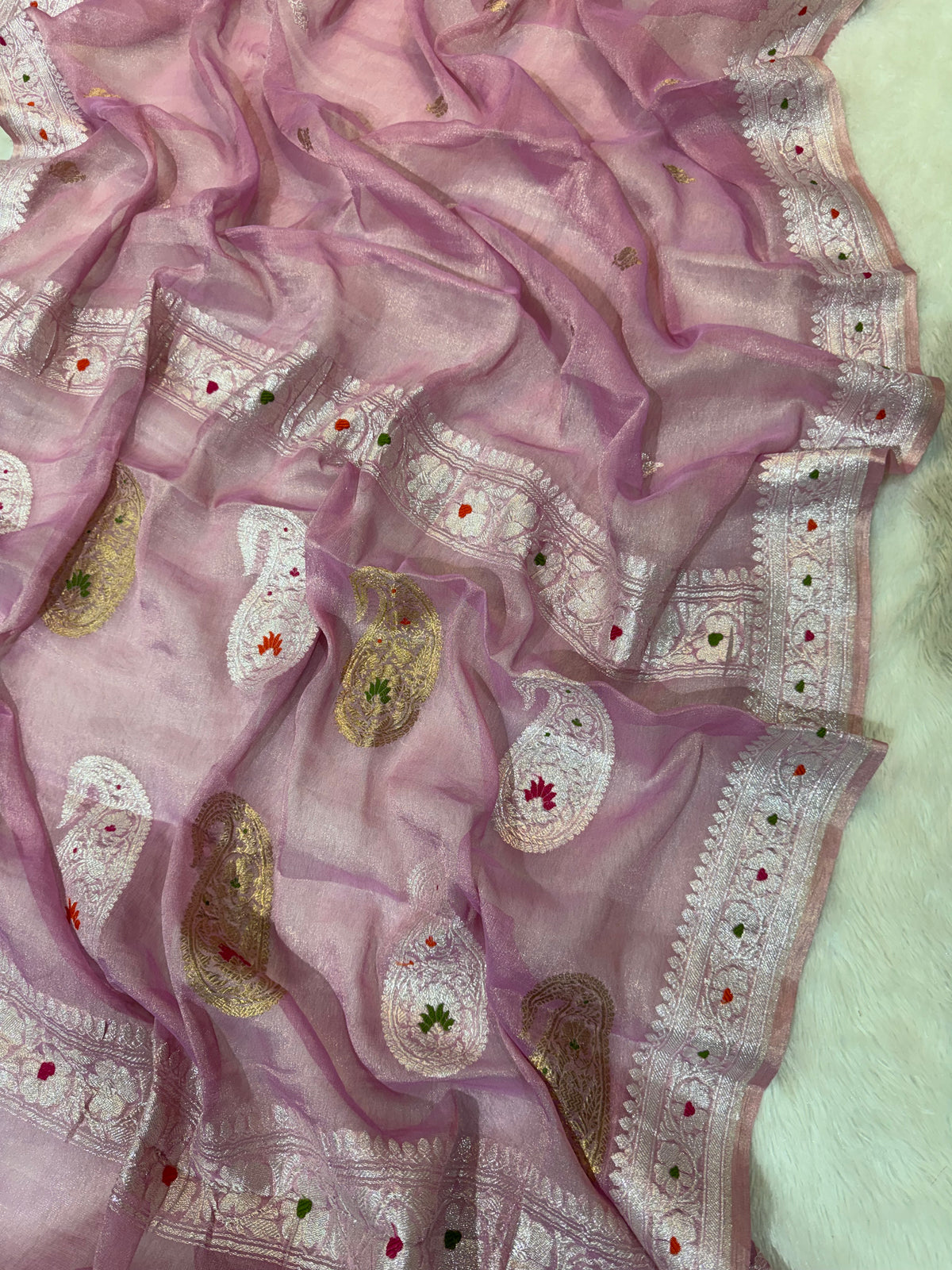 Pink Pure Khaddi Tissue Chiffon Sona & Roopa Meenakari Banarasi Saree
