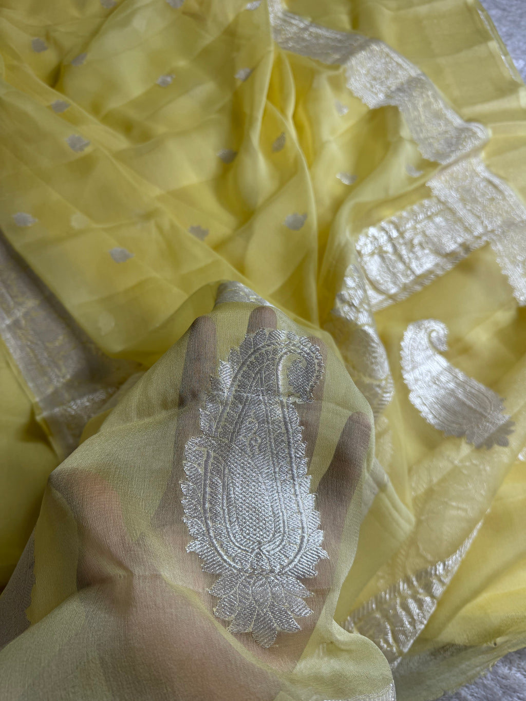 Light Yellow Pure Khaddi Chiffon Silk Banarasi Saree