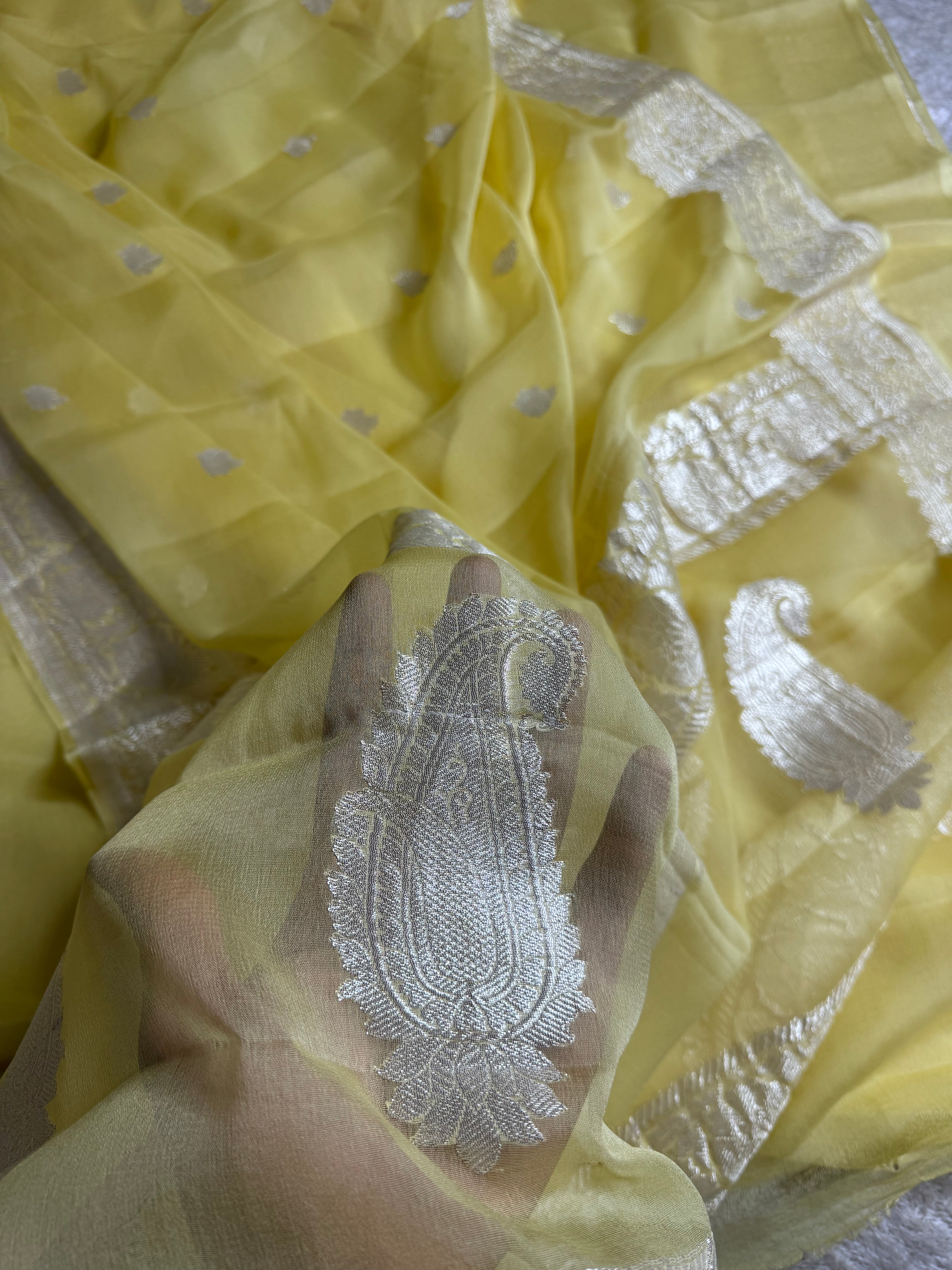 Light Yellow Pure Khaddi Chiffon Silk Banarasi Saree