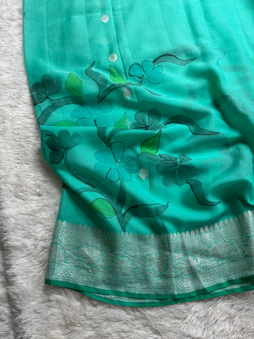 Sea Green Handbrush Pure Khaddi Chiffon Silk Banarasi Saree