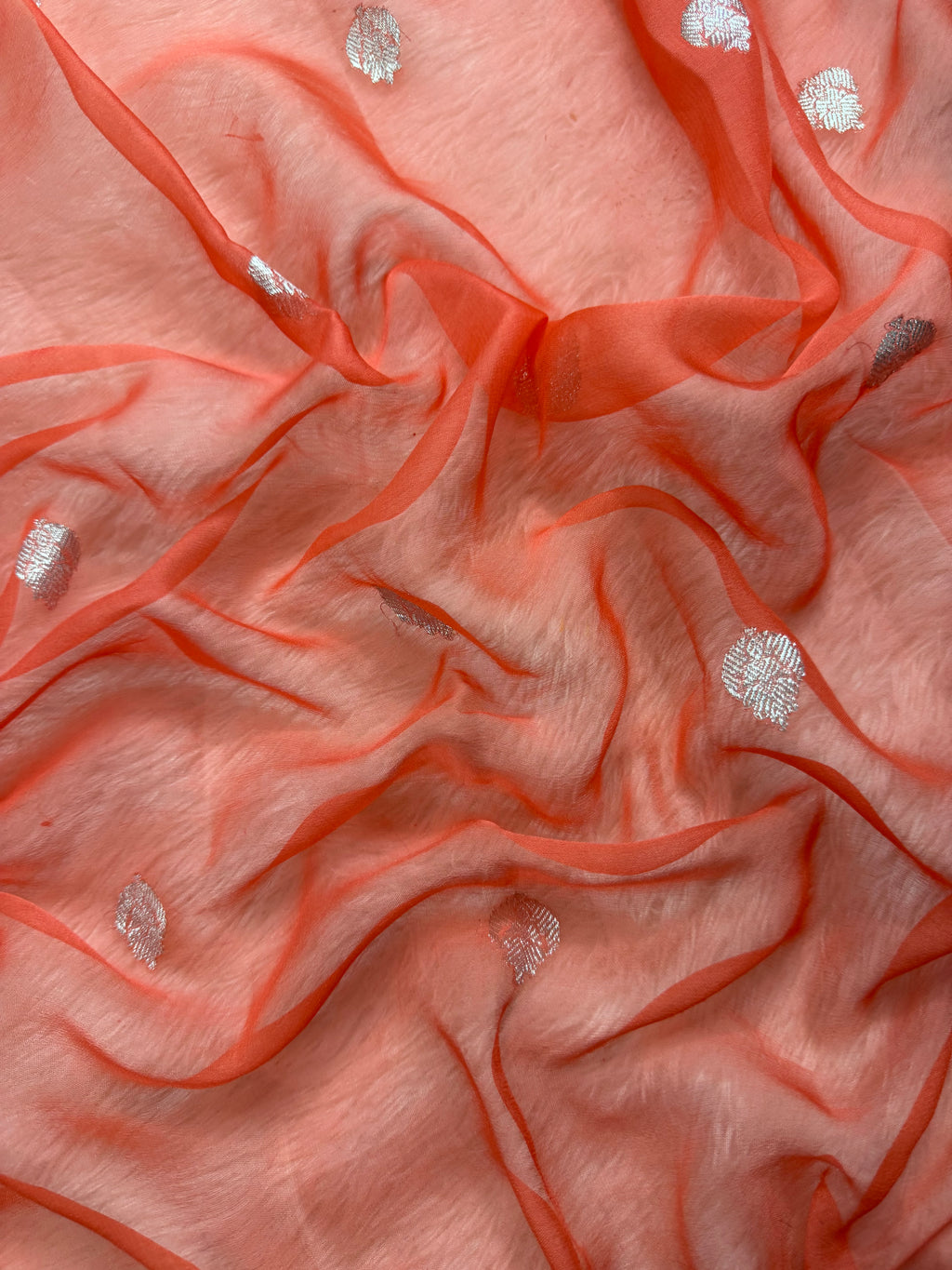 Coral Peach Pure Khaddi Chiffon Silk Banarasi Saree