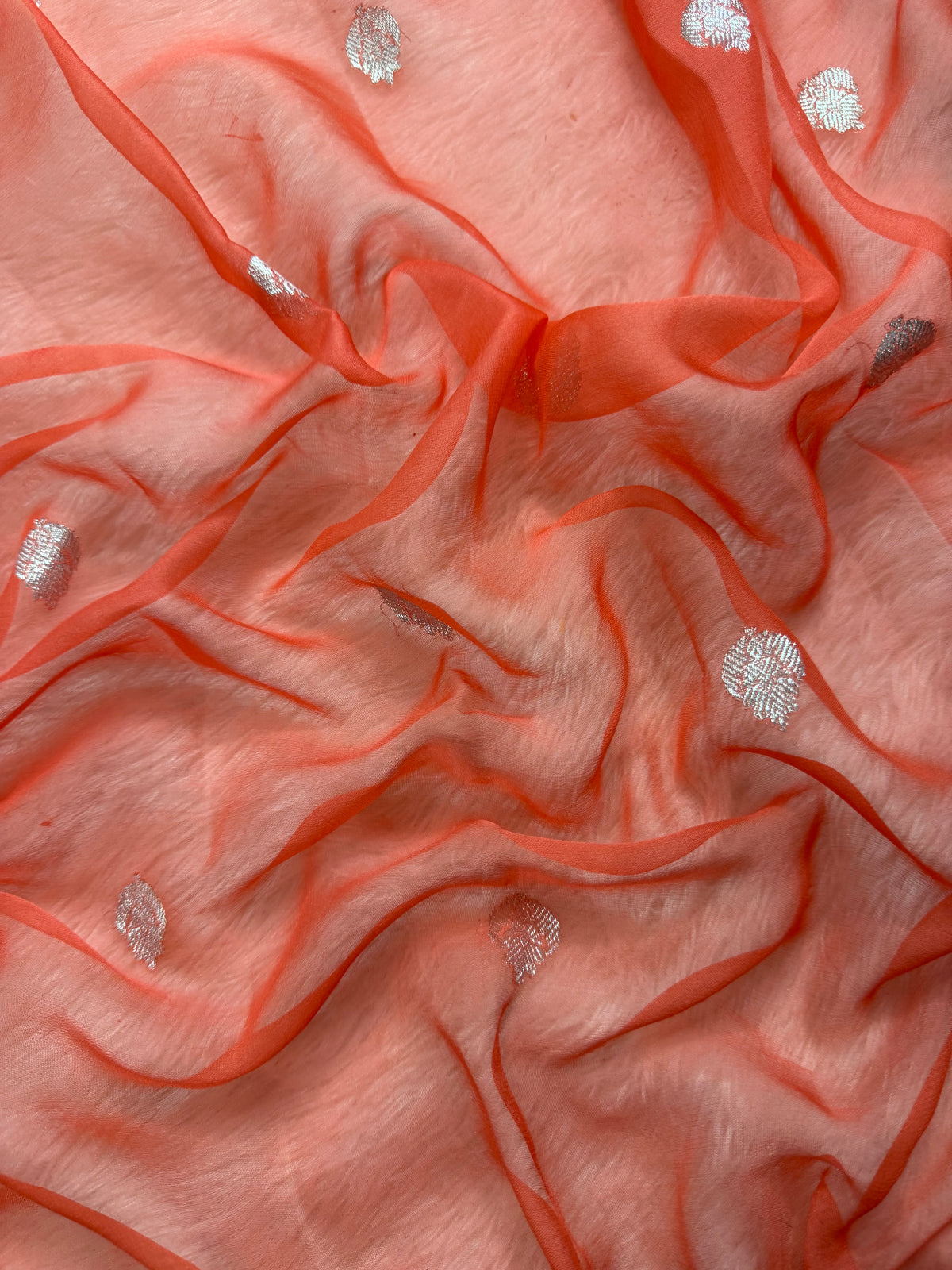 Coral Peach Pure Khaddi Chiffon Silk Banarasi Saree