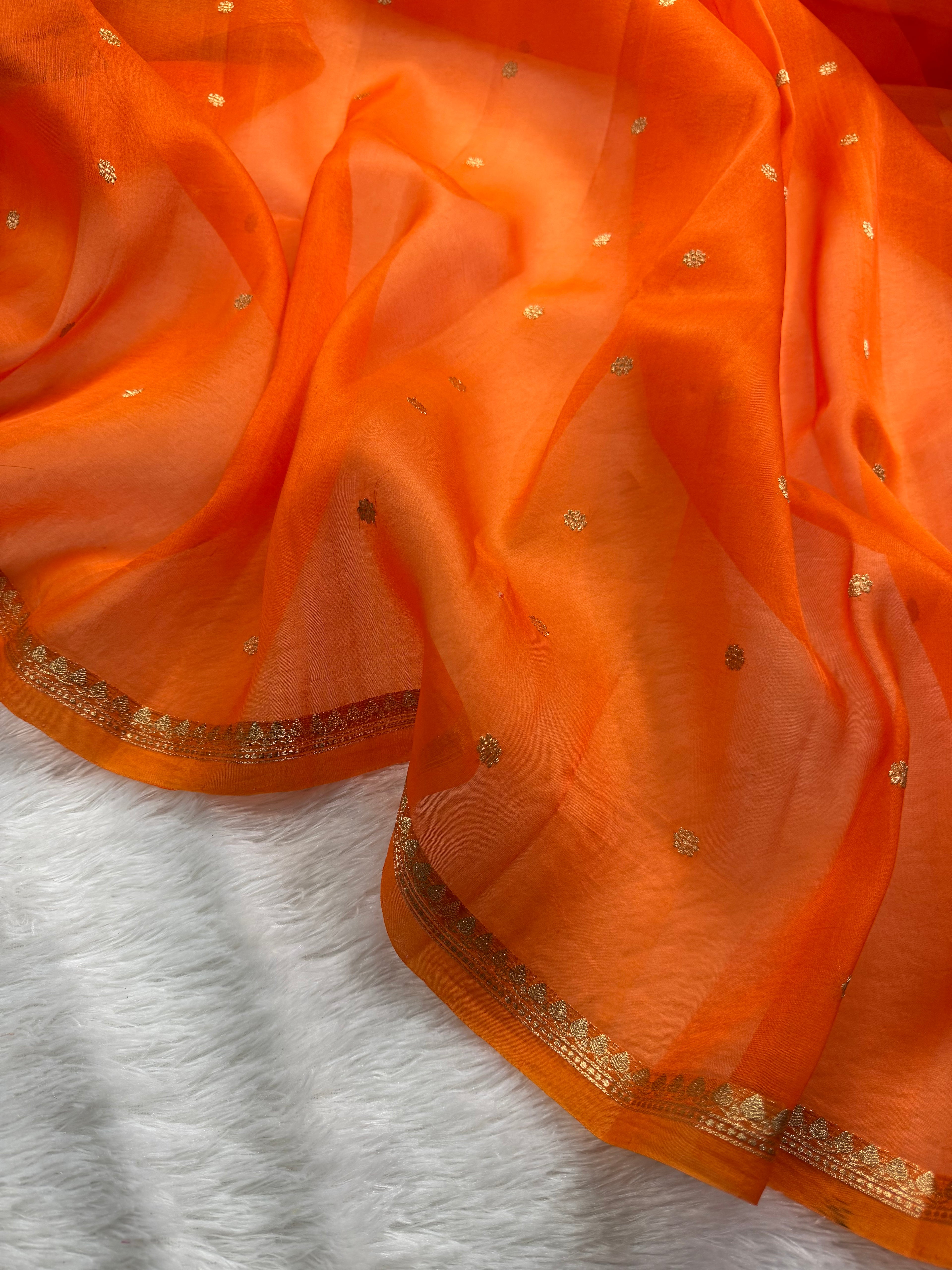 Rust Orange Pure Kora Organza Silk Banarasi Saree