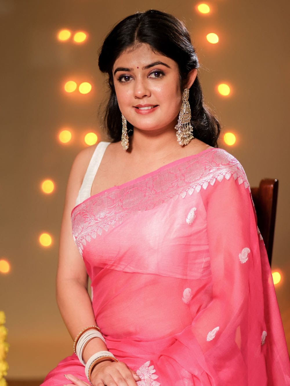 Rani Pink Pure Khaddi Chiffon Silk Banarasi Saree
