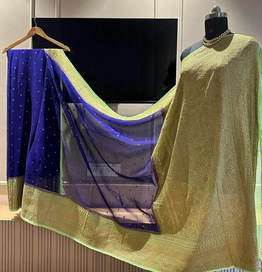 Mint Green & Blue Pure Khaddi Georgette Silk Banarasi Border Dana Saree
