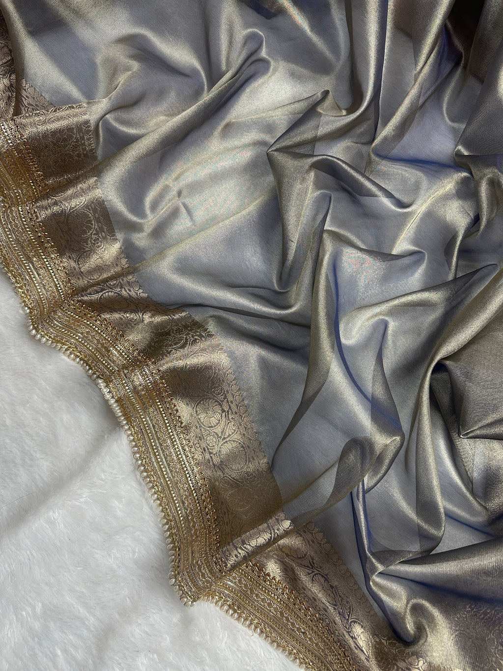 Grey Beautiful Lace Border Tissue Silk Banarasi Saree